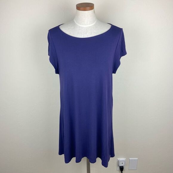 Eileen Fisher Scoop Neck Short Sleeve Flow Dress - Deep Purple - Picture 1 of 6